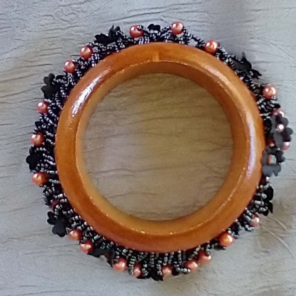 Vintage Bangle Bracelet Wood Encircled with Black and Brown Bead Accent